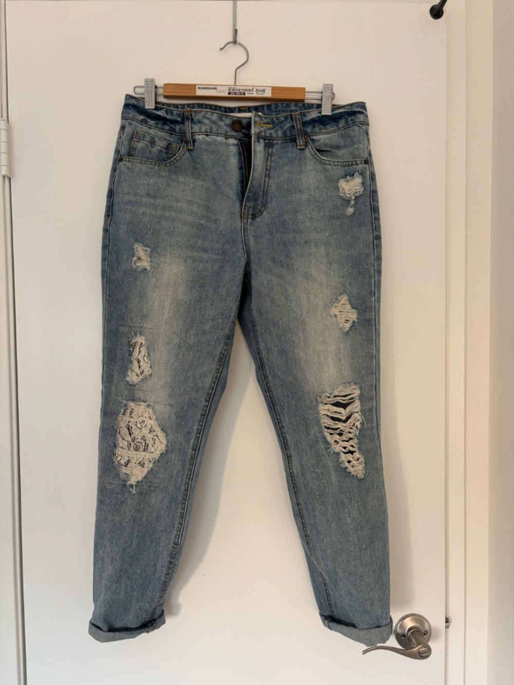 Life in Progress Distressed Boyfriend Jeans | Lace Patch Light Wash Denim